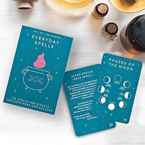 Set of 'Everyday Spells' cards with a blue cover and white text on a white surface.