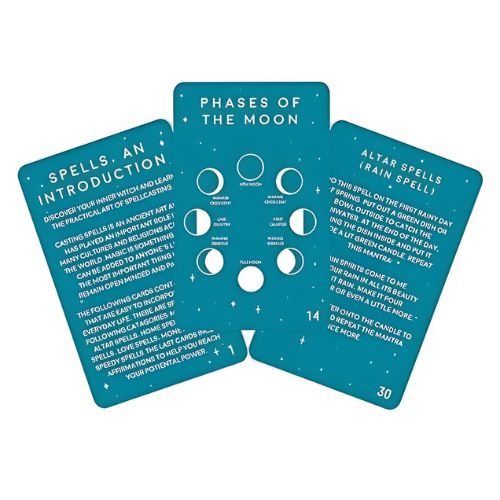 Three blue cards with text and moon phase illustrations on a white background
