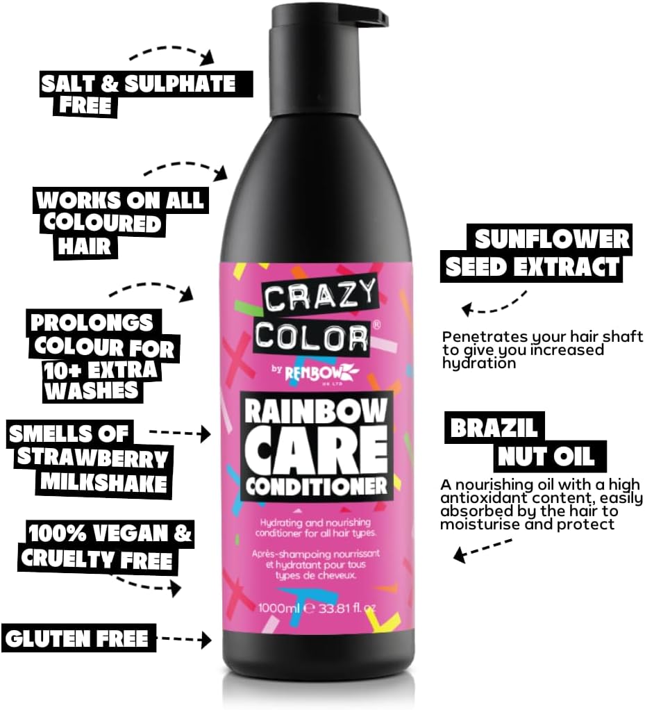 Crazy Color Rainbow Care Conditioner bottle with text highlighting features on a white background