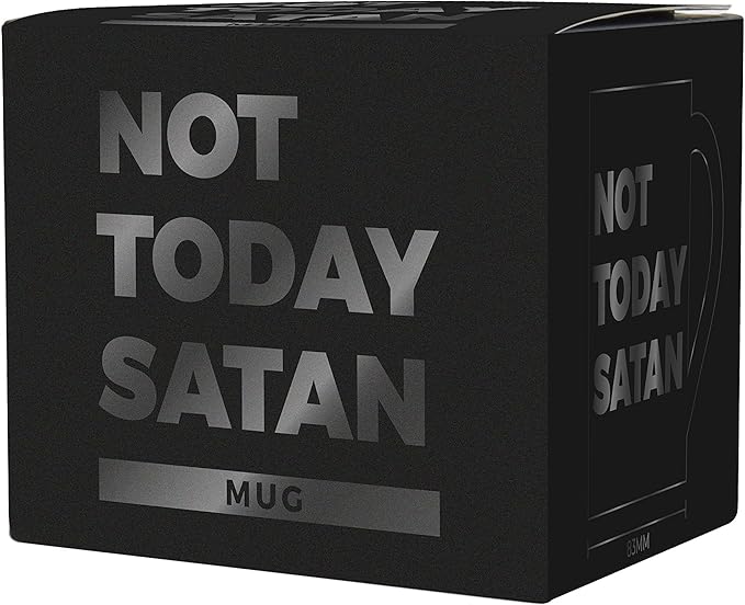 Black mug packaging with 'Not Today Satan' text on a white background