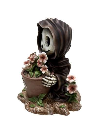 Skeleton figure with a pot of flowers on a white background