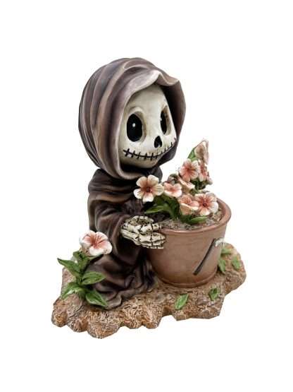 Skeleton figure holding a potted plant with flowers on a white background