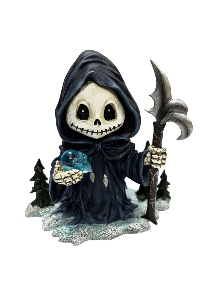 Skeleton figure in a hood holding a blue crystal and a weapon, set against a white background.