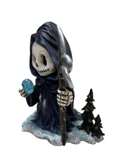 Skeleton figure holding a blue crystal ball with a white background