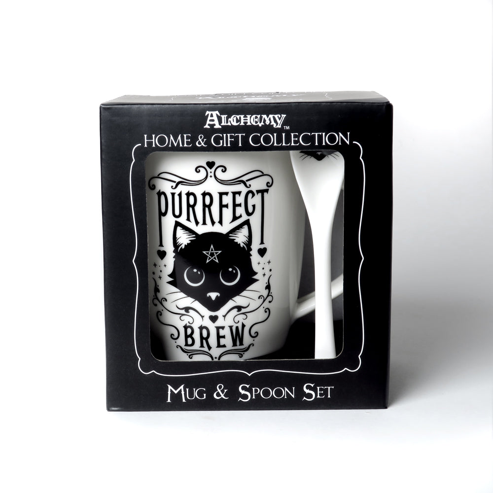 Mug and spoon set packaging with a cat design and 'Purrfect Brew' text, branded as Alchemy Home & Gift Collection.
