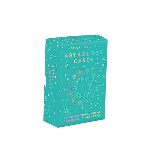Teal box of astrology cards with zodiac symbols on a white background