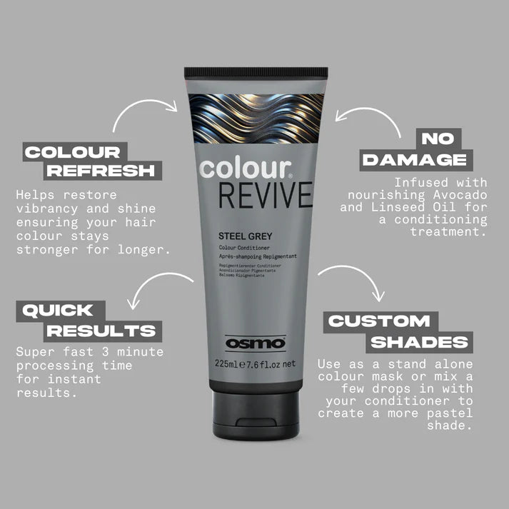 Osmo Colour Revive Steel Grey hair product with features highlighted on a gray background
