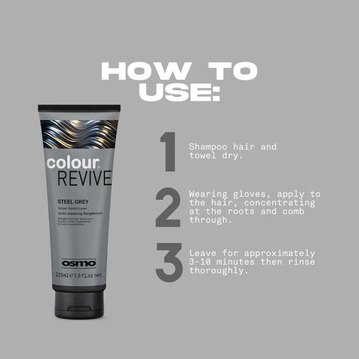 Osmo Colour Revive Steel Grey hair color product with usage instructions on a gray background