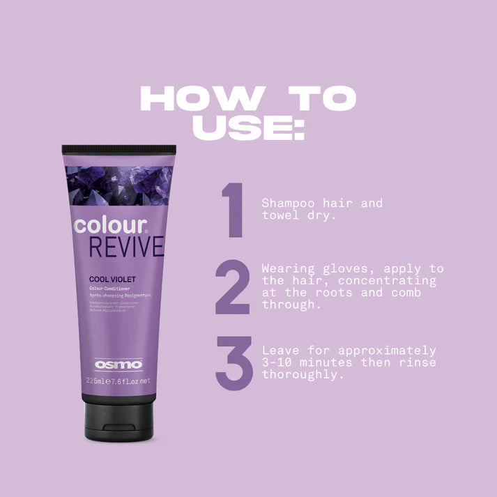 Osmo Colour Revive shampoo tube with usage instructions on a purple background