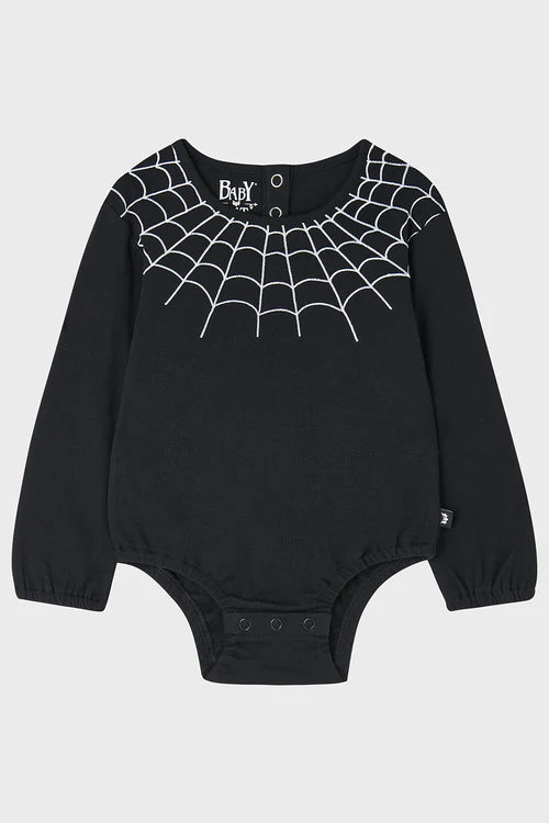 Black baby romper with spider web design on a white background