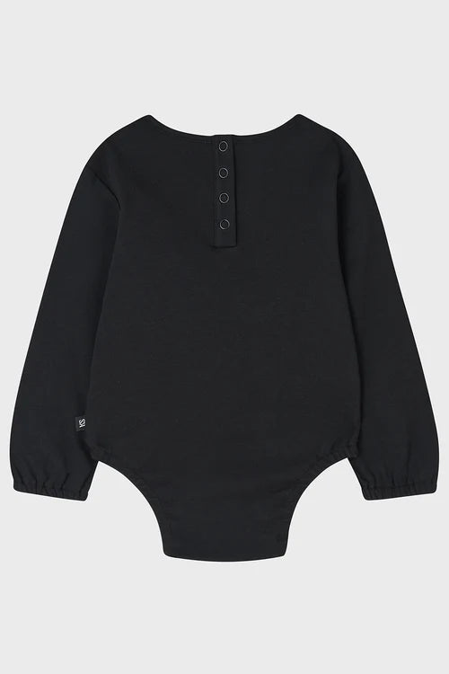 Black baby bodysuit with long sleeves on a light gray background
