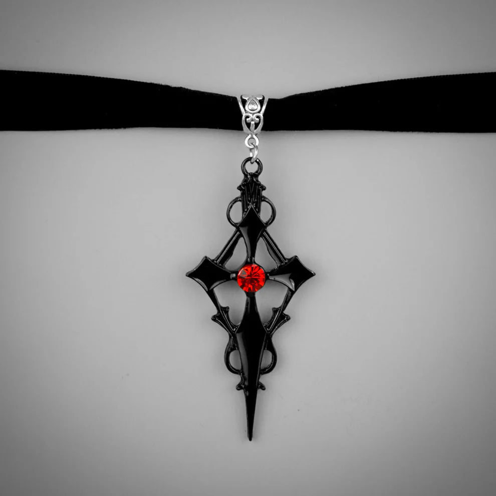 Black Cross, Red Stone Choker | Necklace