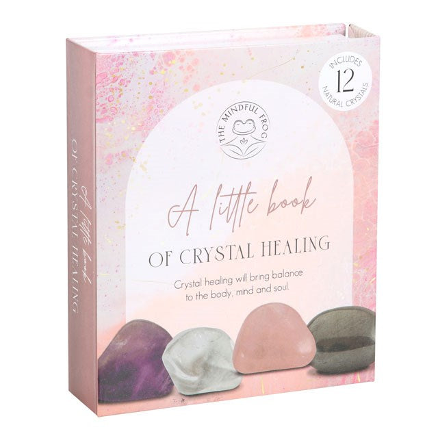 Box of 'A Little Book of Crystal Healing' with crystal stones on a white background