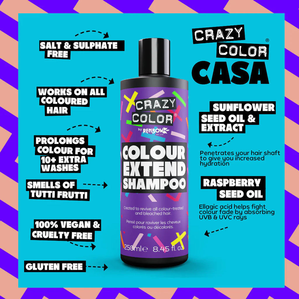 Crazy Color Casa Colour Extend Shampoo bottle with product features on a colorful background