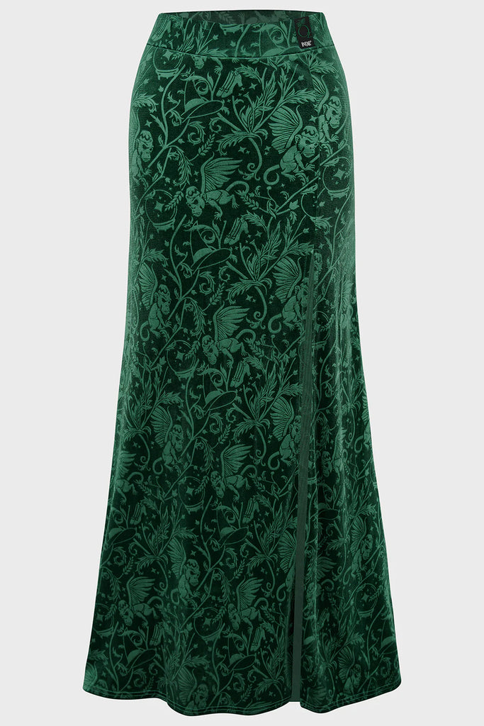 Green patterned skirt on a light gray background