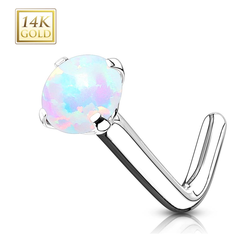 14Kt. White Gold L Bend Nose Stud | Prong Opal Ball