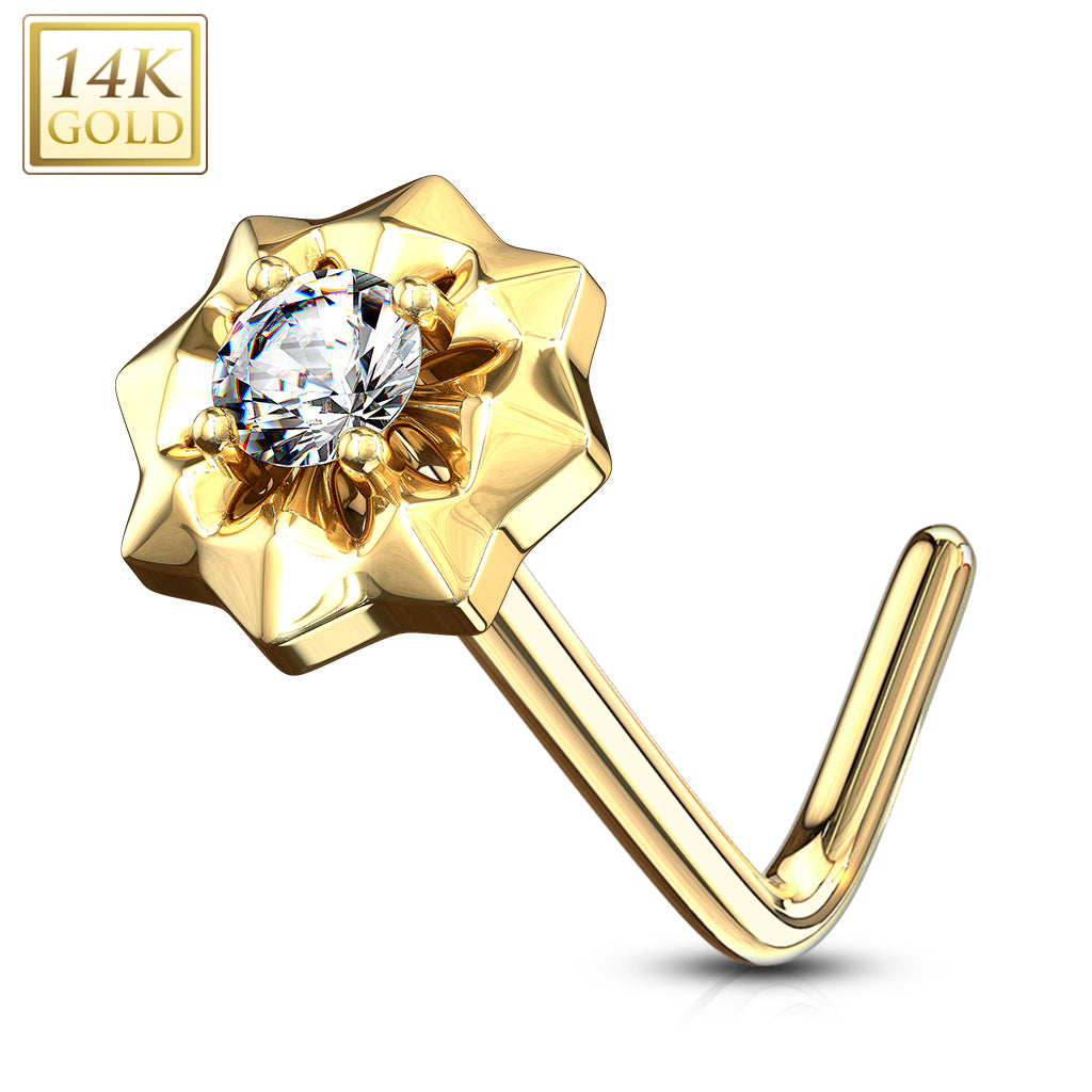 14Kt. Gold L Bend Nose Ring with Prong Set CZ Center Starburst