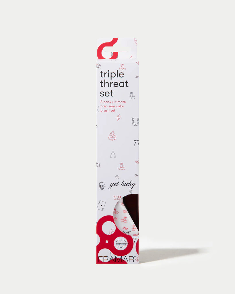 Packaging of a 'triple threat set' with branding on a white background