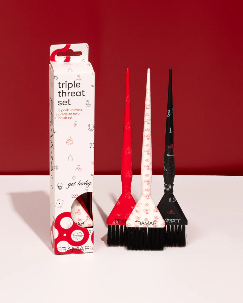 Framar triple threat hair dye set with packaging against a red background