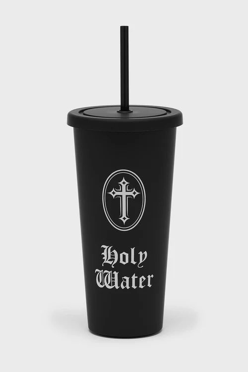 Black tumbler with 'Holy Water' text and cross symbol on a white background