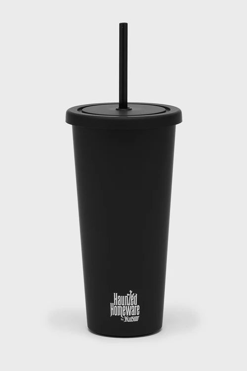 Black tumbler with straw on a white background