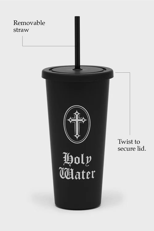 Black tumbler with 'Holy Water' text and cross design on a white background