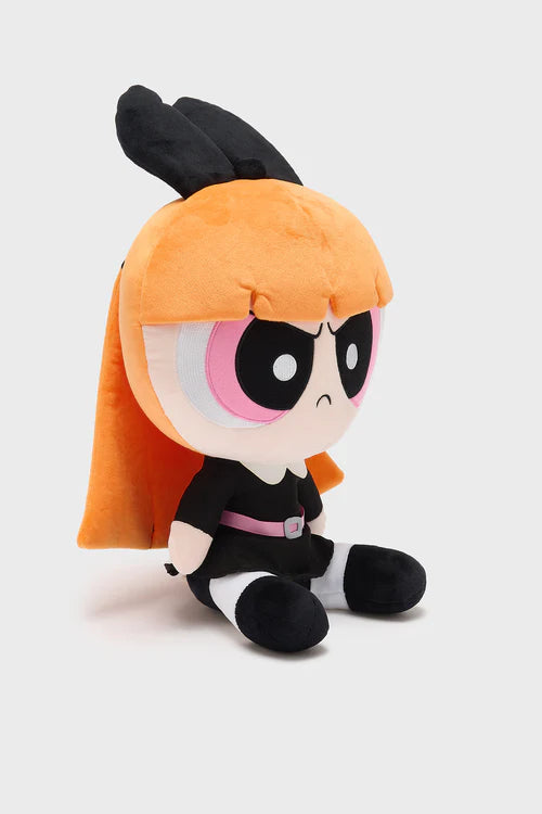 Plush toy with a character design featuring orange hair, black outfit, and pink accents on a white background.