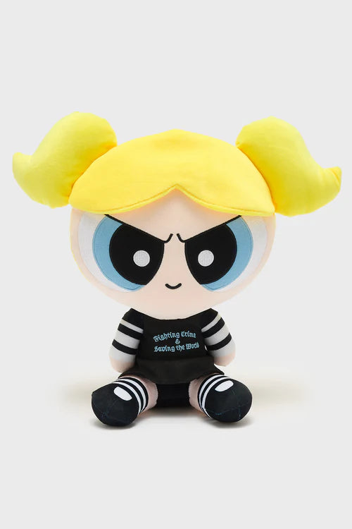 Plush toy with yellow hair and black and white outfit on a white background