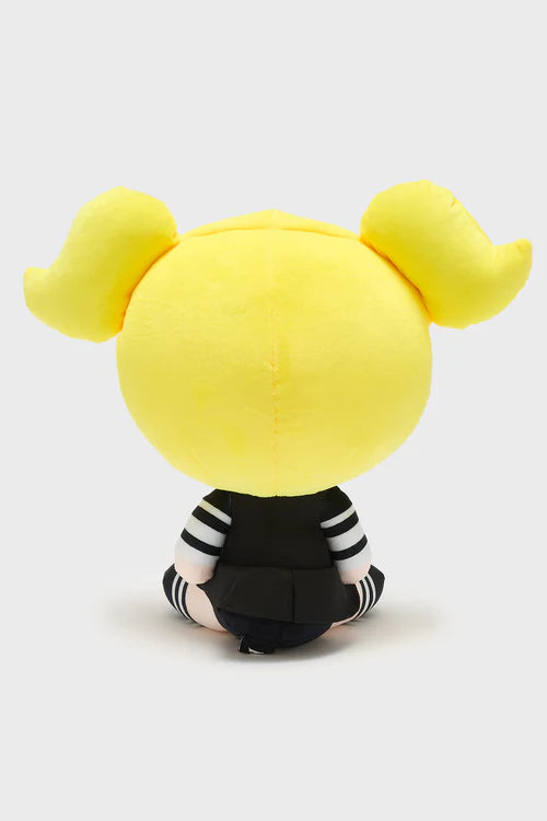 Plush toy with yellow hair buns on a white background