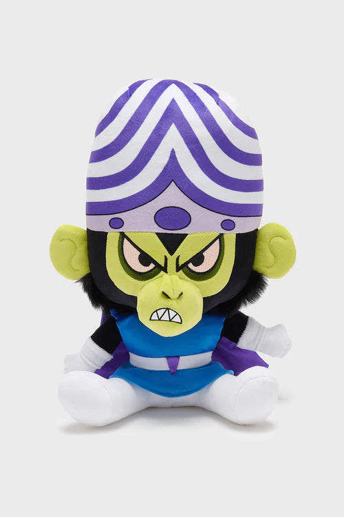 Plush toy with a character design featuring a purple and white striped hat, green face, and blue outfit on a white background.