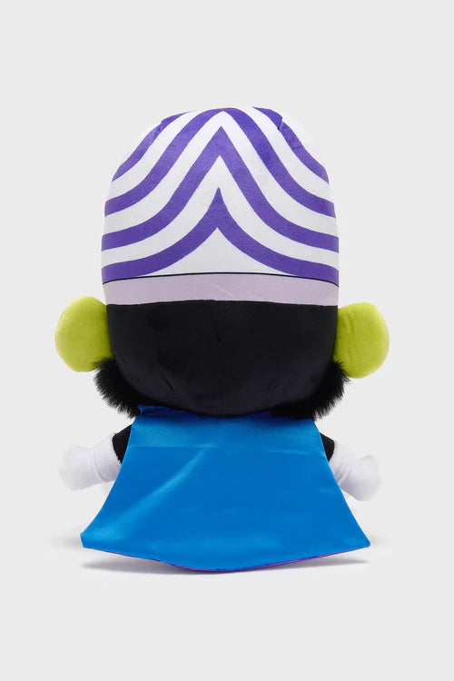 Plush toy with a striped hat and blue cape on a white background