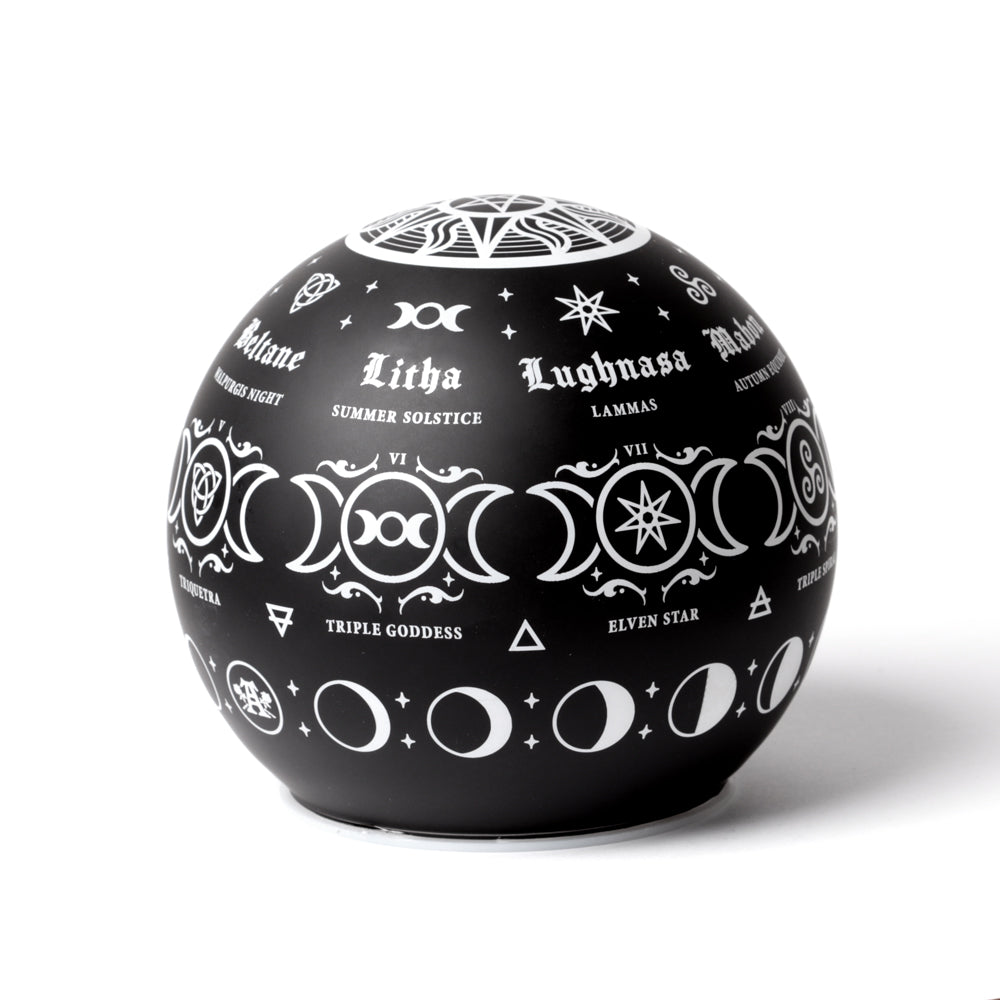 Black sphere with white symbols and text on a white background