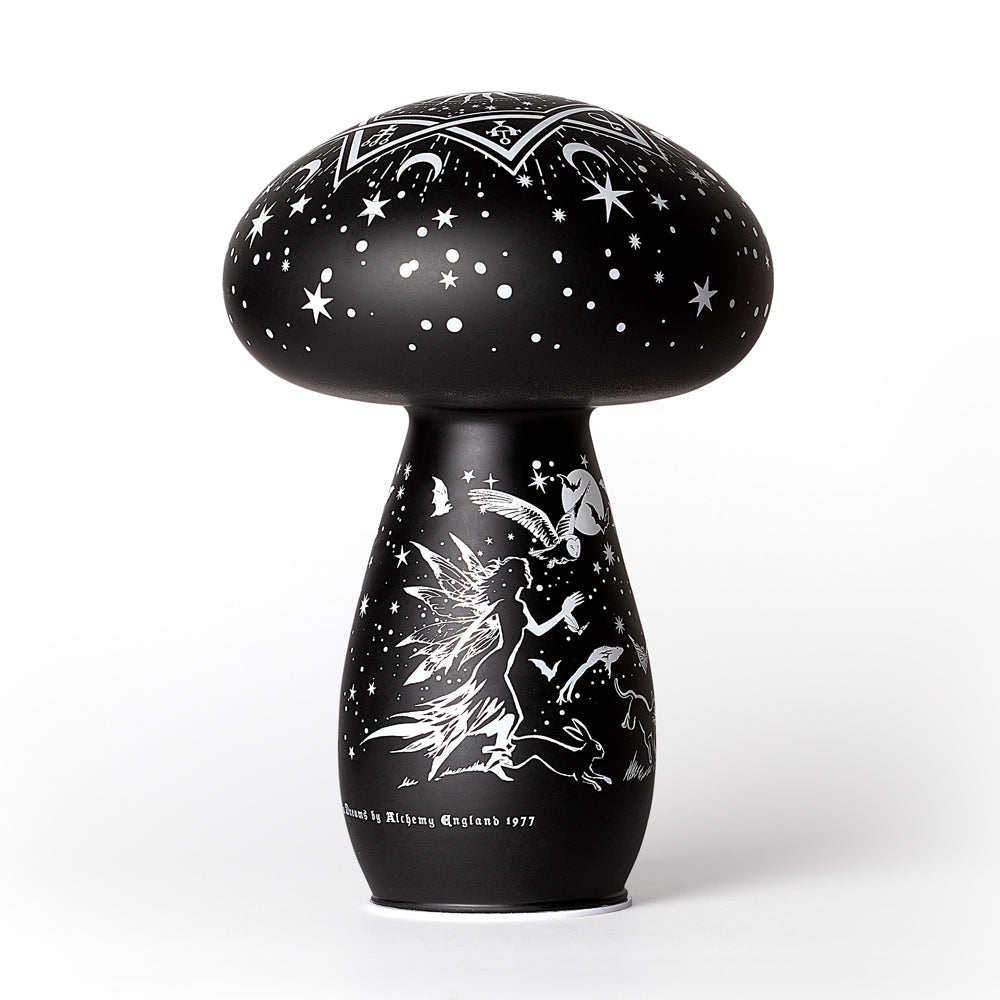 Black mushroom-shaped object with white designs on a white background