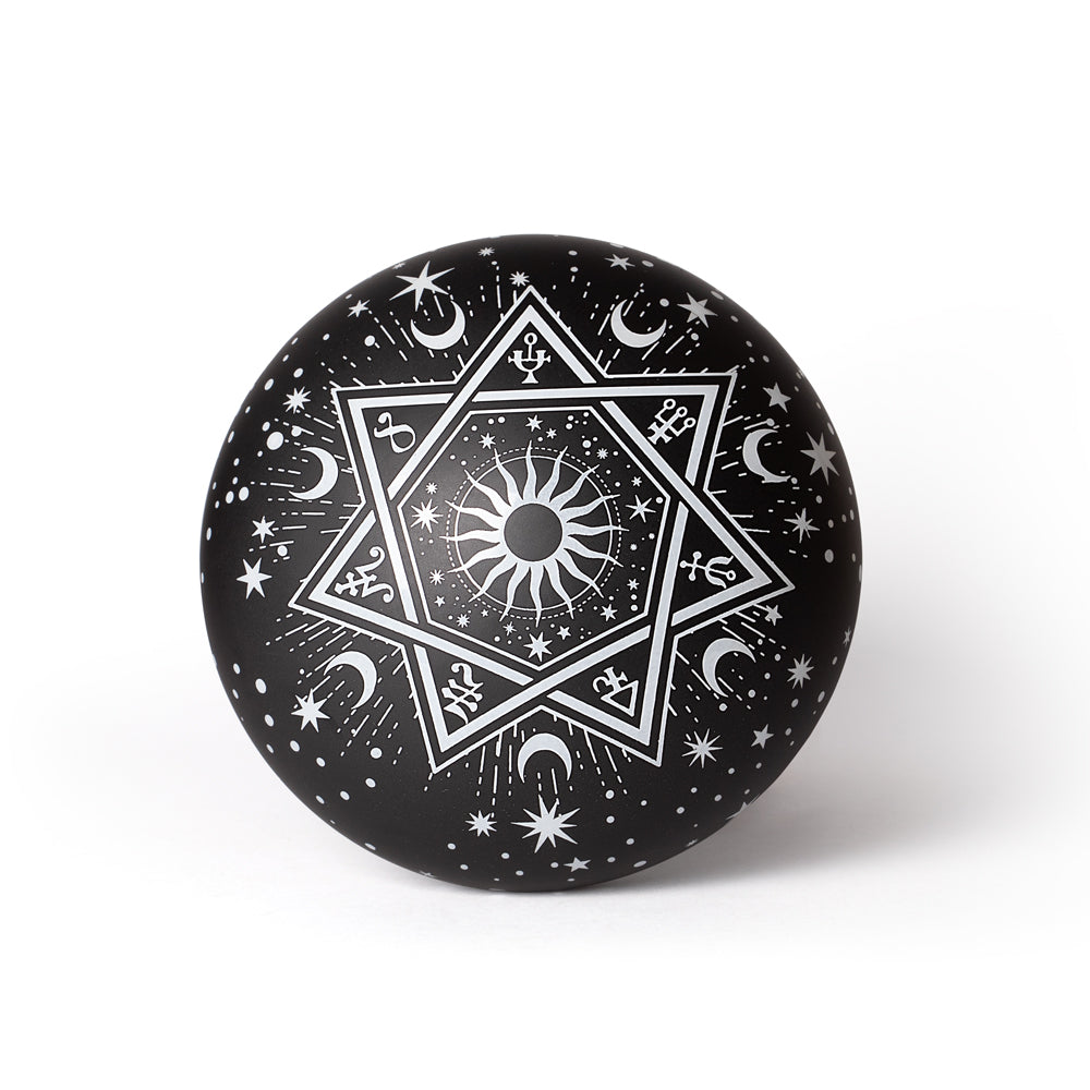 Black stone with white astrological symbols on a white background