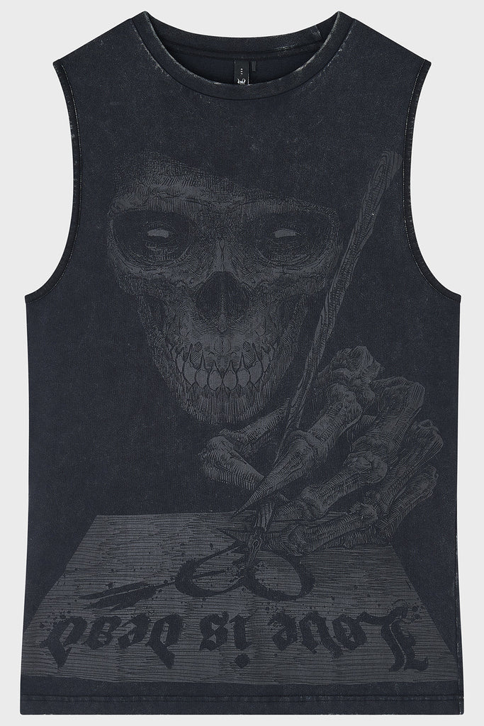 Black sleeveless shirt with skull and crossbones design on a white background