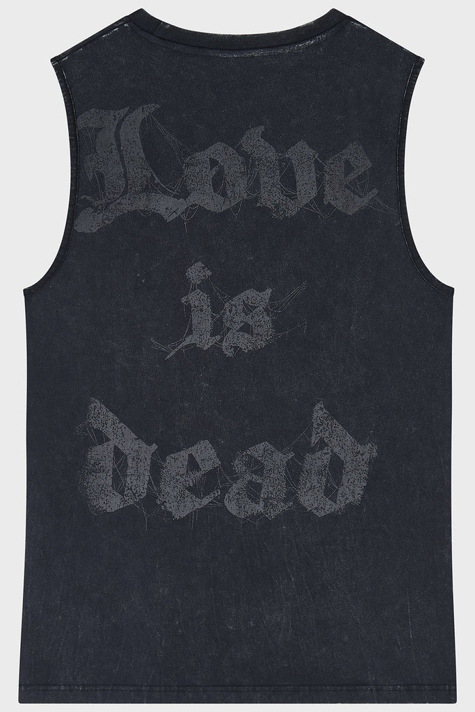 Black sleeveless shirt with 'Love is Dead' text on a white background