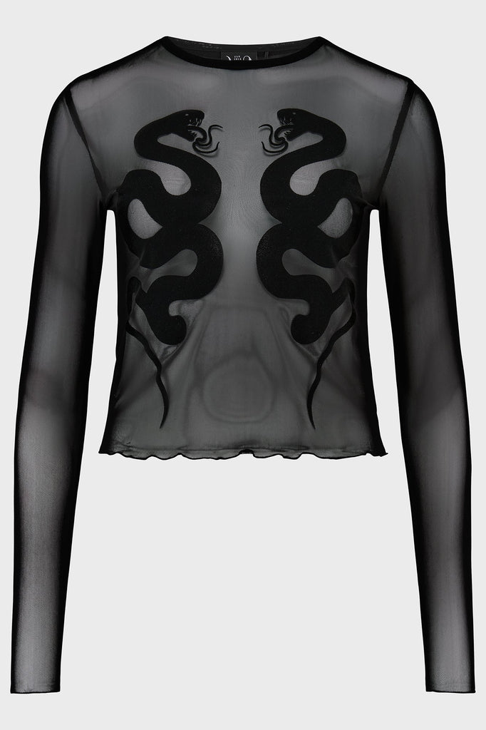 Black sheer long-sleeve top with snake design on a light gray background