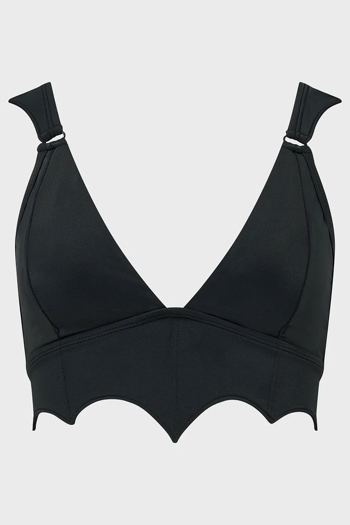 Black scalloped-edge bralette on a light gray background