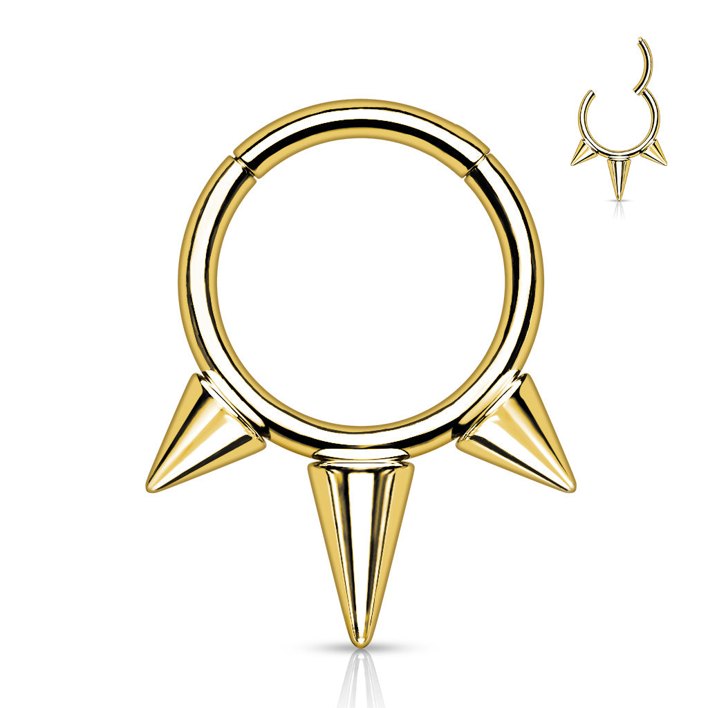 Gold hoop earring with spike design on a white background