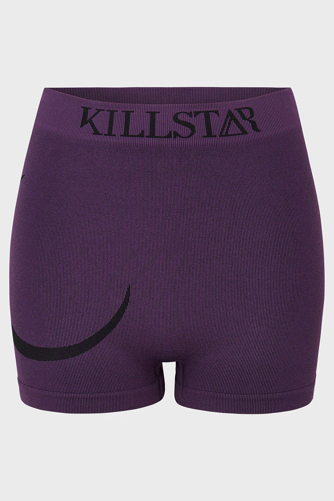 Purple shorts with 'Killstar' branding on a white background