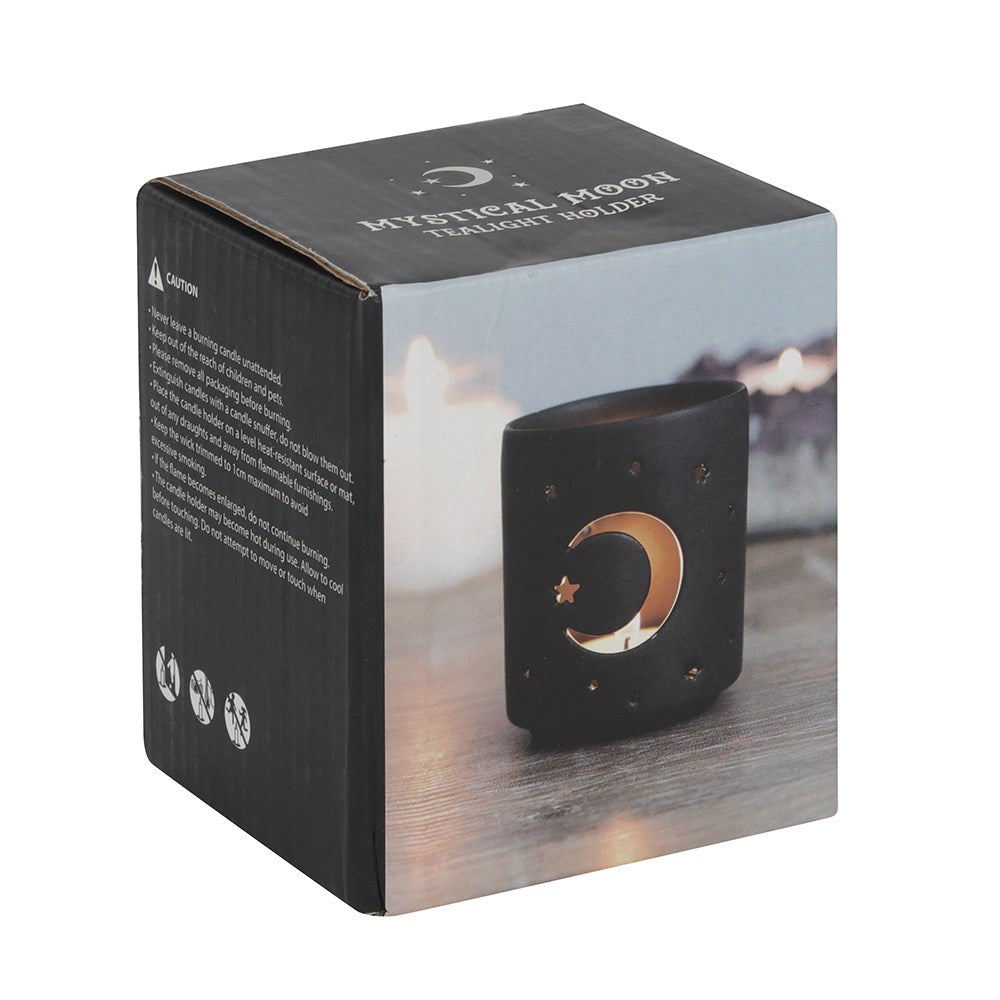 Box packaging for a candle holder with moon design on a white background