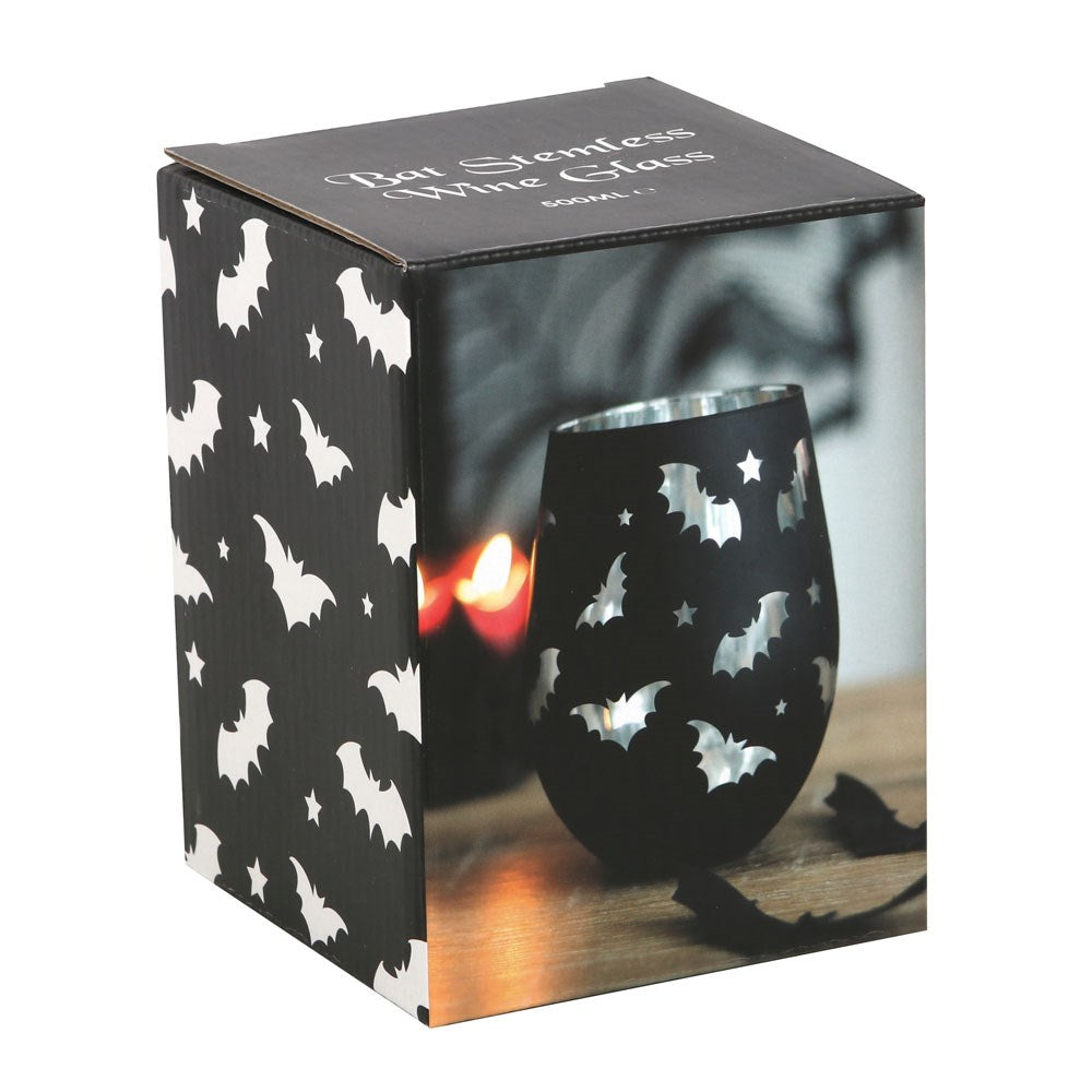 Black bat-themed wine glass in a decorative box with bat patterns.