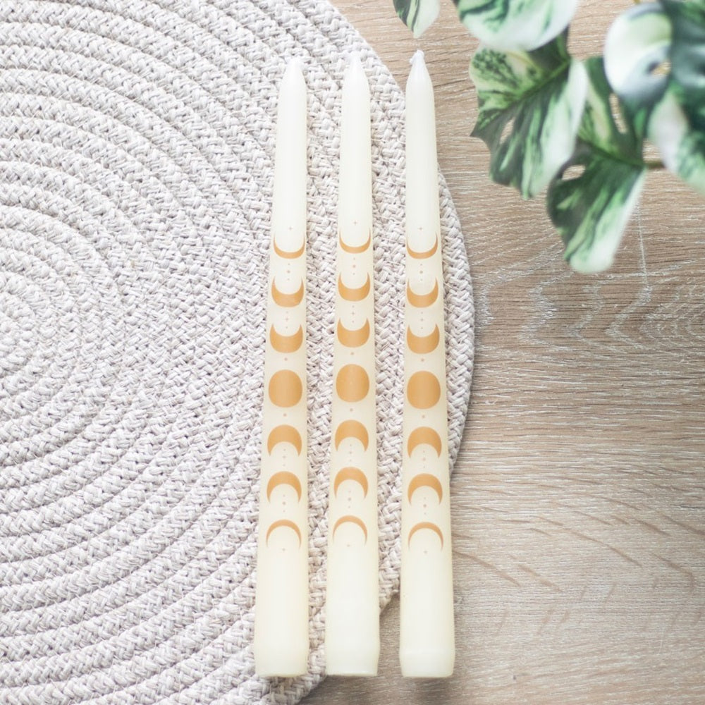 Set of 3 Off White Moon Phases | Taper Dinner Candles