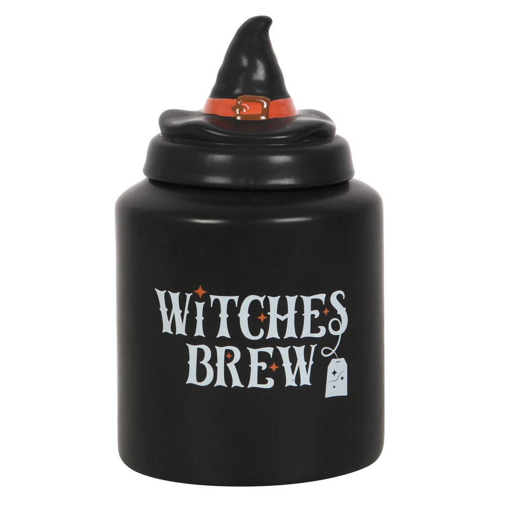 Black container with witch hat lid labeled 'Witches Brew' on a white background