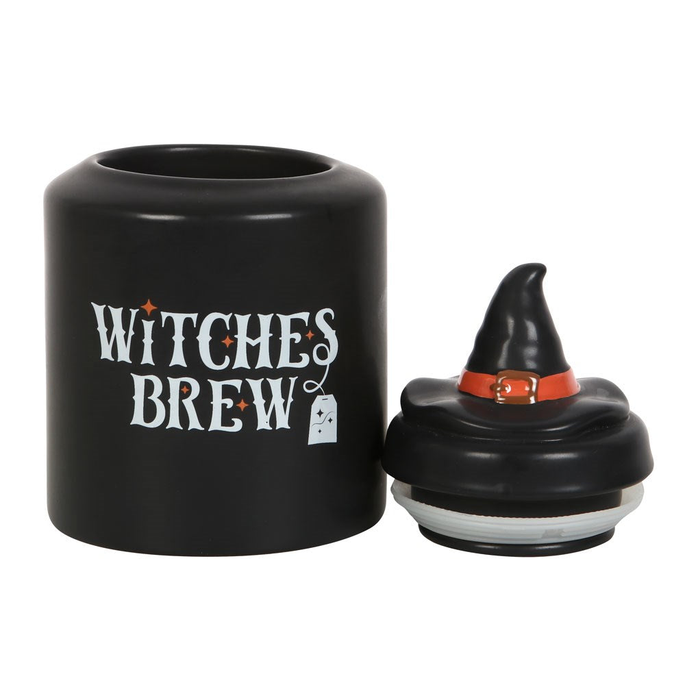 Black container with 'Witches Brew' text and a witch hat on a white background