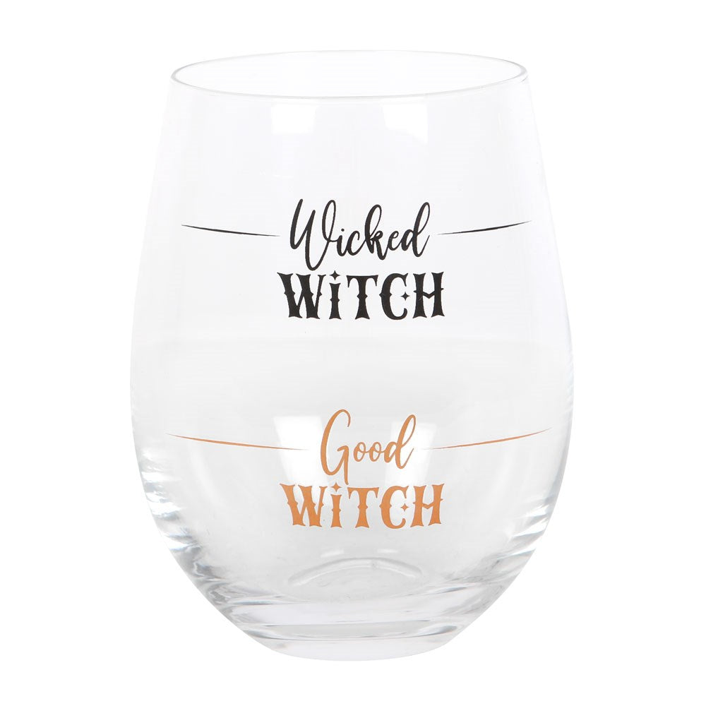 Clear glass with 'Wicked Witch' and 'Good Witch' text on a white background