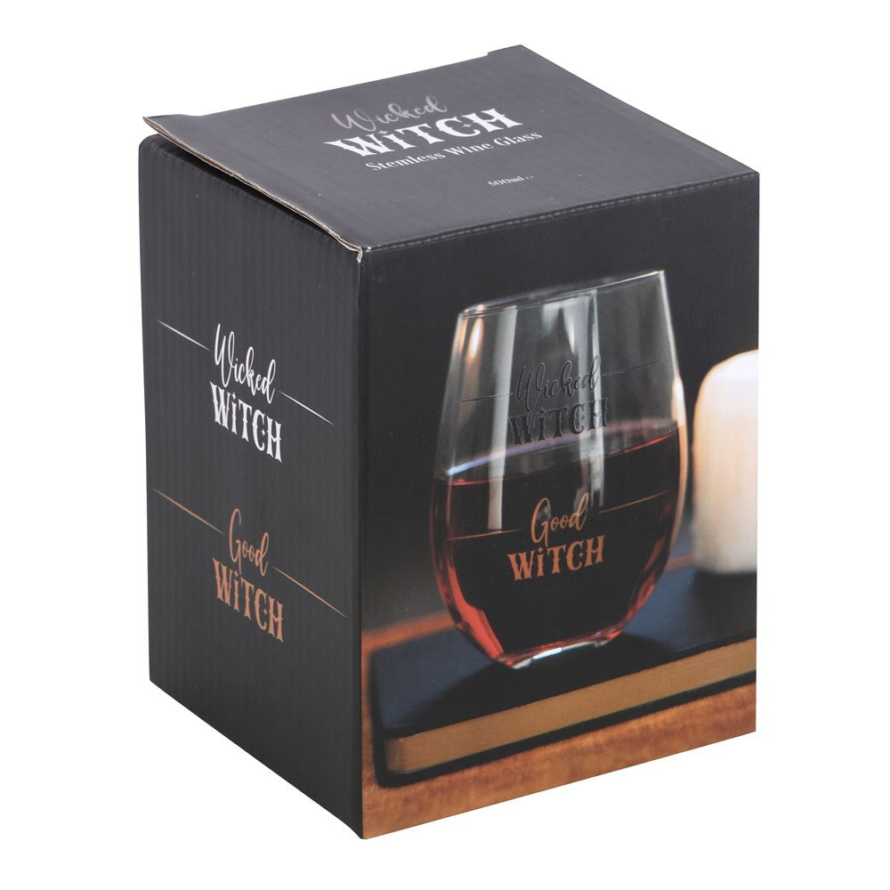 Boxed glass with 'Wicked Witch' and 'Good Witch' text on a white background