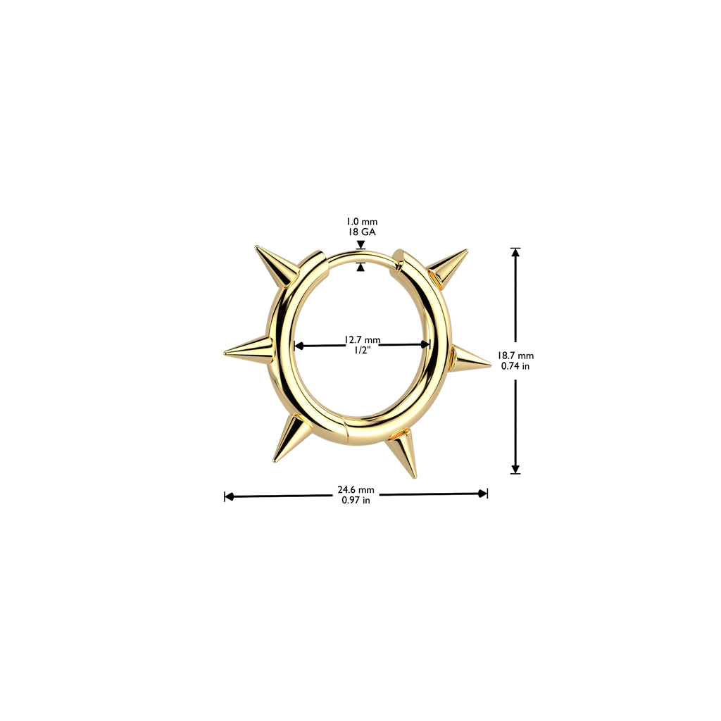Gold circular earring with spike design and measurements on a white background