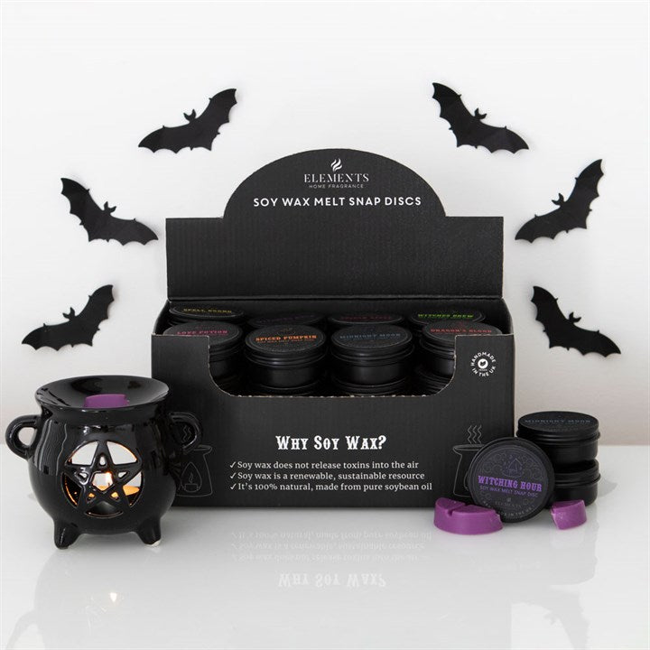 Display of Elements soy wax melt snap discs with a black wax warmer on a white background with bat decorations.
