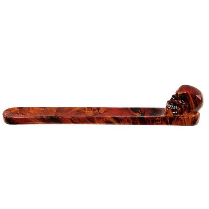 Maroon and black patterned pipe with skull design on a white background